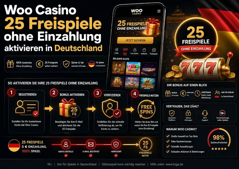 Woo Casino 25 Freispiele ohne Einzahlung aktivieren in Deutschland